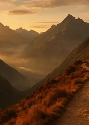 Panoramic view of the Andes in Peru at golden hour, featuring a winding mountain trail, misty valleys, and dramatic sunlit peaks in a luxury travel editorial style. | Andean Travel Experience Panoramic view of the Andes in Peru at golden hour, featuring a winding mountain trail, misty valleys, and dramatic sunlit peaks in a luxury travel editorial style. | Andean Travel Experience